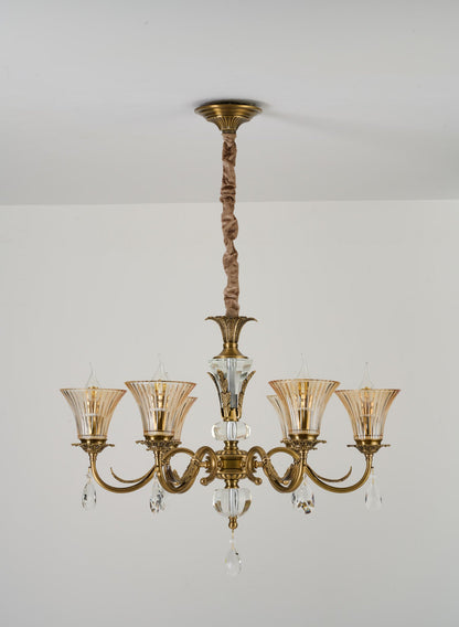 Complete supplier real photograph of the Verelisse six-light chandelier with ceiling canopy