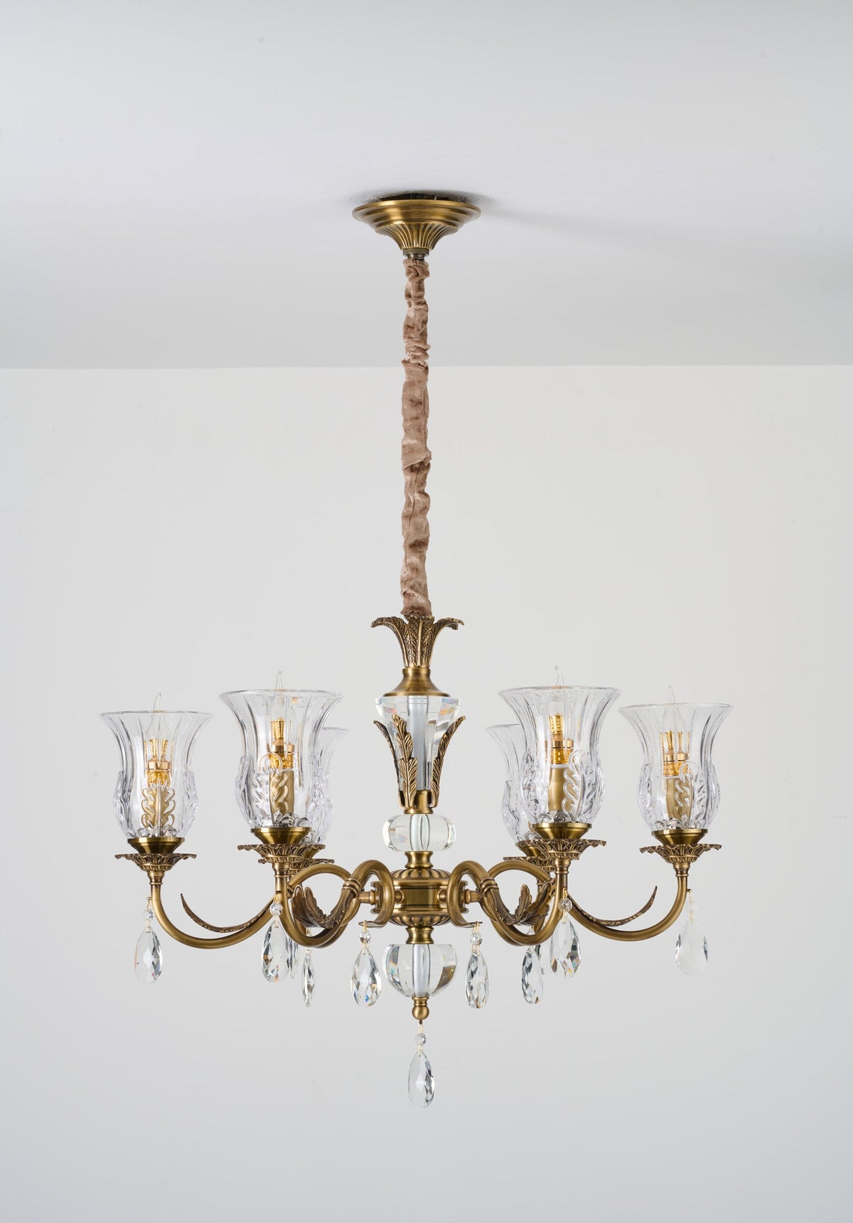 Complete supplier real photograph of the Vitrelaine six-light chandelier with ceiling canopy
