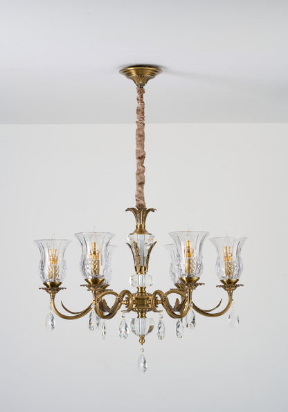 Complete supplier real photograph of the Vitrelaine six-light chandelier with ceiling canopy