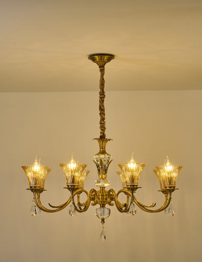 Complete supplier real photograph of the illuminated Verelisse eight-light chandelier