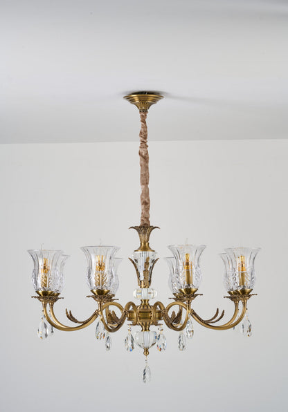 Complete supplier real photograph of the Vitrelaine eight-light chandelier with ceiling canopy