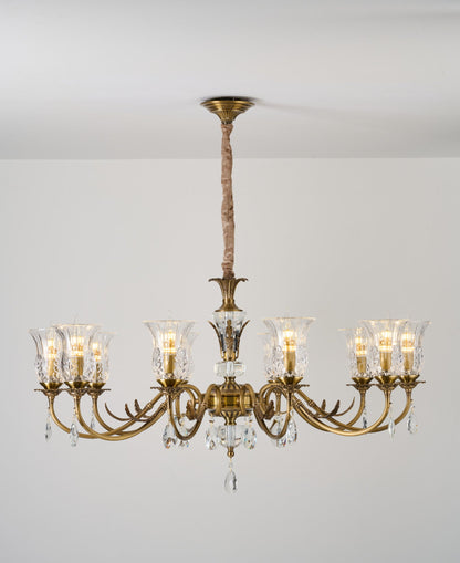Complete supplier real photograph of the Vitrelaine ten-light chandelier with ceiling canopy