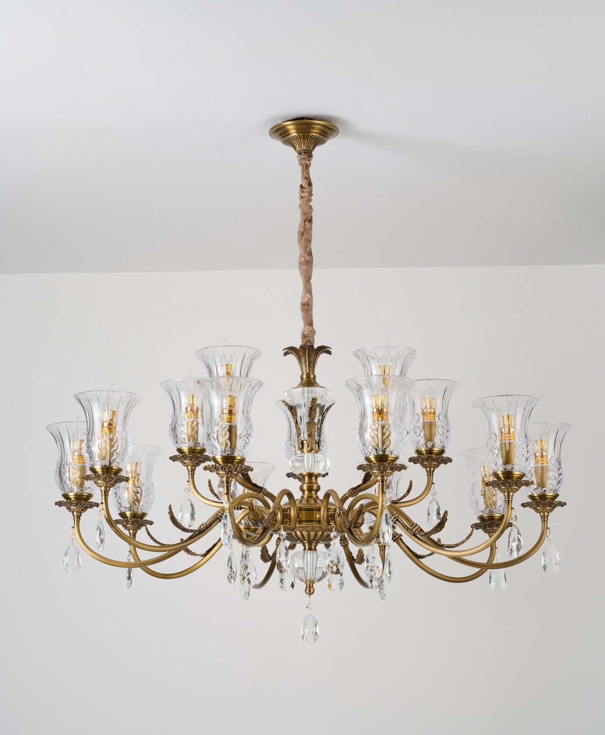 
Complete supplier real photograph of the Vitrelaine 12-light two-tier chandelier with ceiling canopy