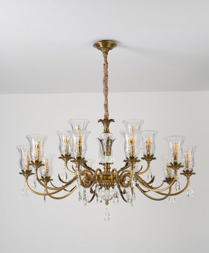 Complete supplier real photograph of the Vitrelaine 12-light two-tier chandelier with ceiling canopy