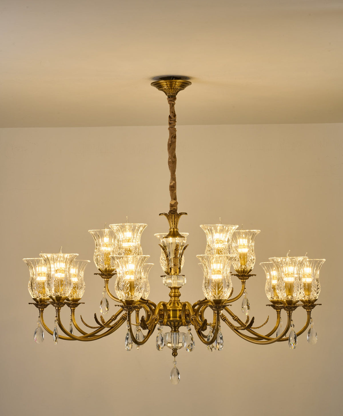 
Complete supplier real photograph of the Vitrelaine 15-light two-tier chandelier with ceiling canopy