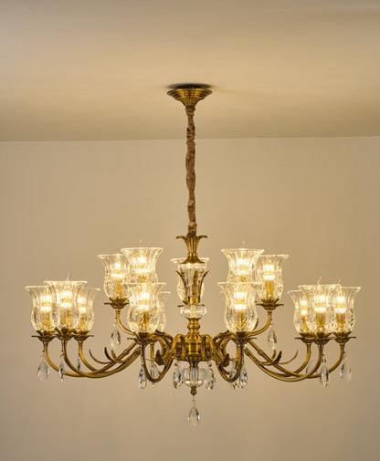 Complete supplier real photograph of the Vitrelaine 15-light two-tier chandelier with ceiling canopy